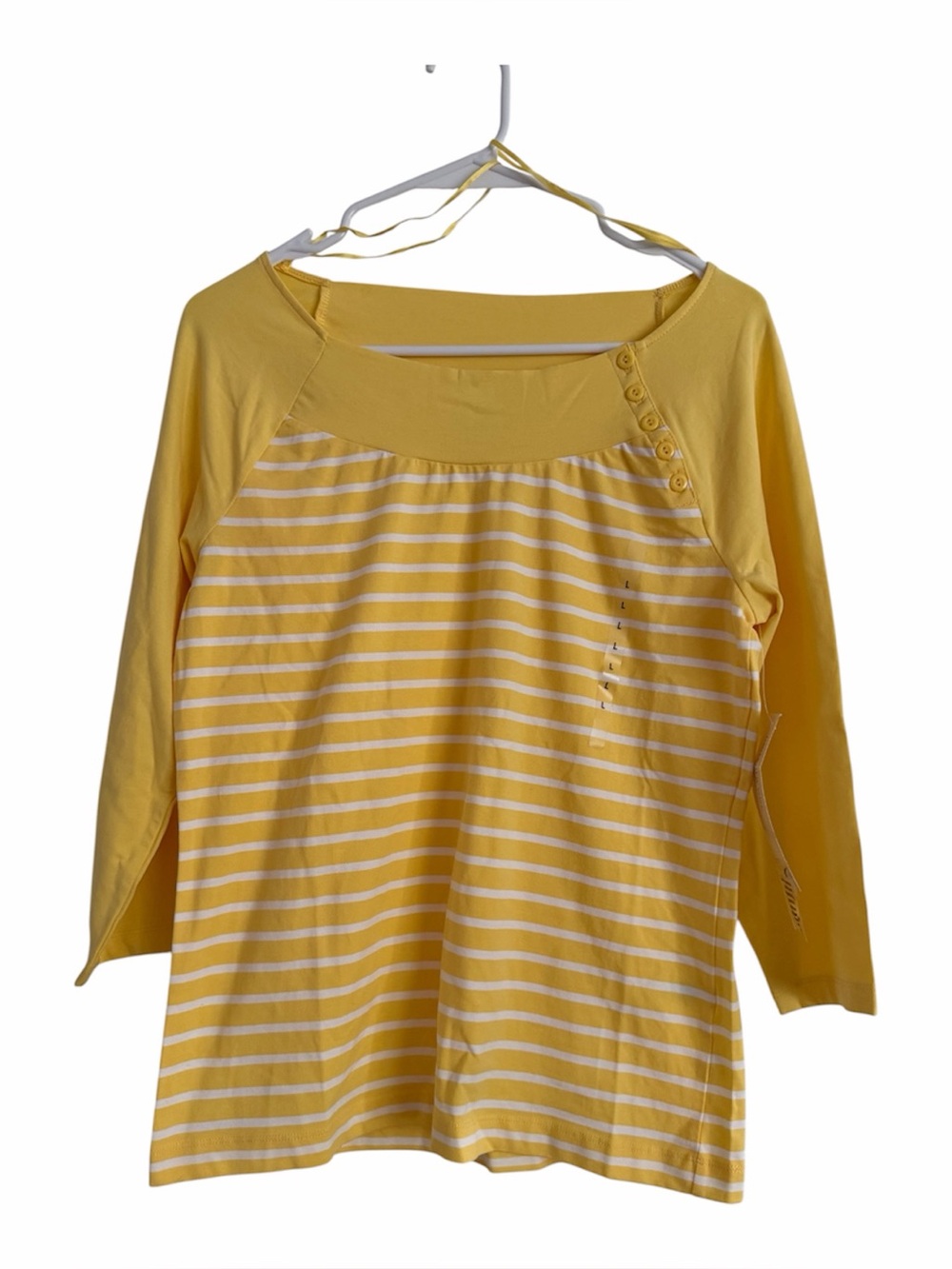 Jones NY Sport Yellow & White Striped Scoop Neck Button Top L 3/4 Sleeve NEW